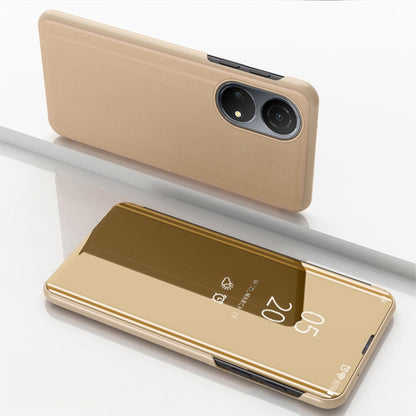 Gold horizontal flip leather phone case with mirrored front, camera cutouts