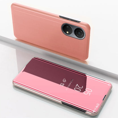 Rose pink horizontal flip leather phone case with mirrored front, camera cutouts