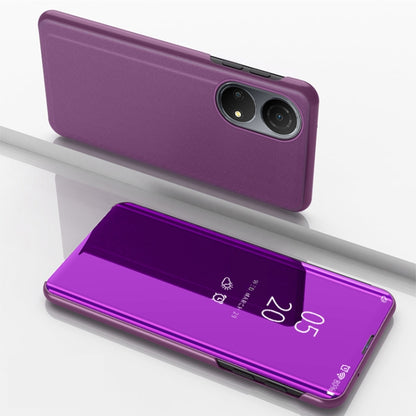 Purple horizontal flip leather phone case with mirrored front, camera cutouts