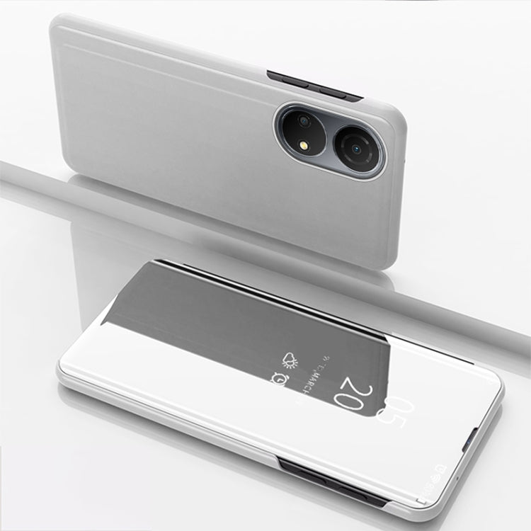 White horizontal flip leather phone case with mirrored front, camera cutouts
