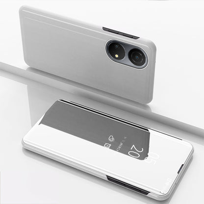 White horizontal flip leather phone case with mirrored front, camera cutouts