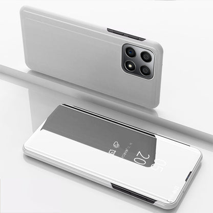 Plated mirror horizontal flip leather phone case in light gray, with camera cutouts