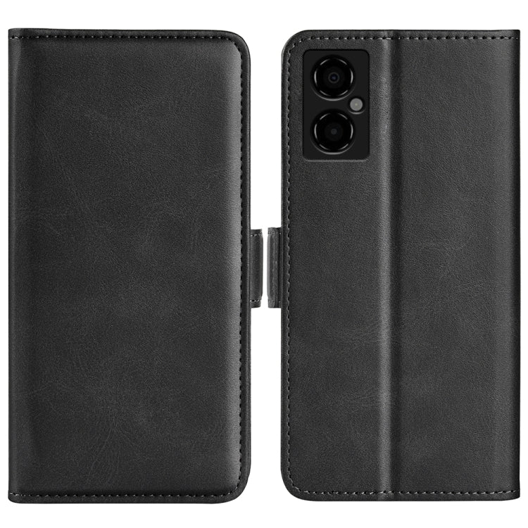 Black leather flip phone case with magnetic buckle, front cover and camera cutout