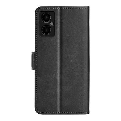Black leather flip phone case with camera cutout and magnetic strap, back view