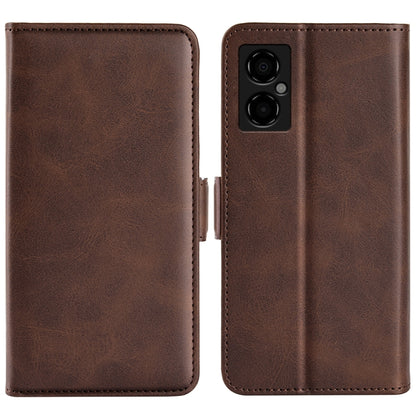 Brown leather flip phone case with magnetic buckle, camera cutout on back panel