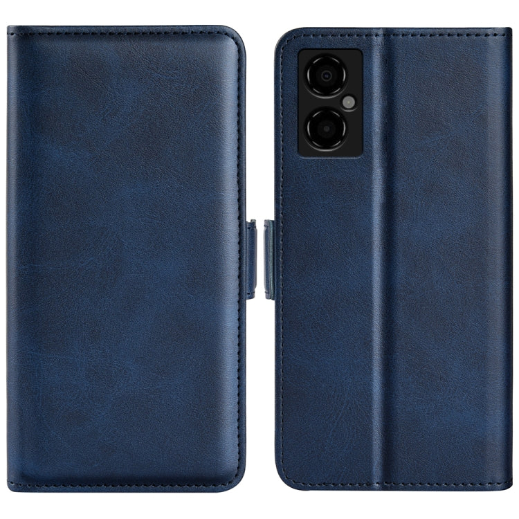 Dark blue leather flip phone case with magnetic buckle, front cover and camera cutout