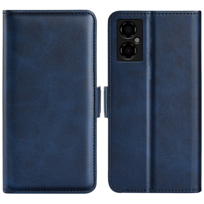 Dark blue leather flip phone case with magnetic buckle, front cover and camera cutout
