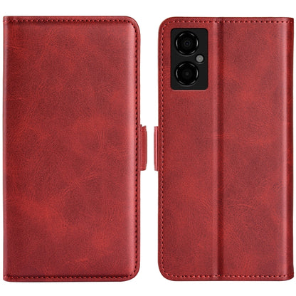 Red leather flip phone case with magnetic buckle, front cover and camera cutout