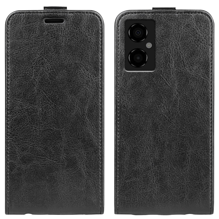 Black vertical flip leather phone case with textured finish and camera cutout.