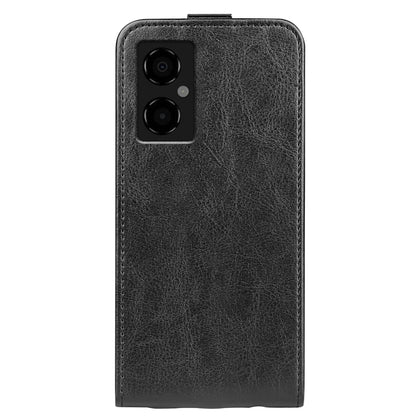 Black textured vertical flip leather phone case with camera opening on back.