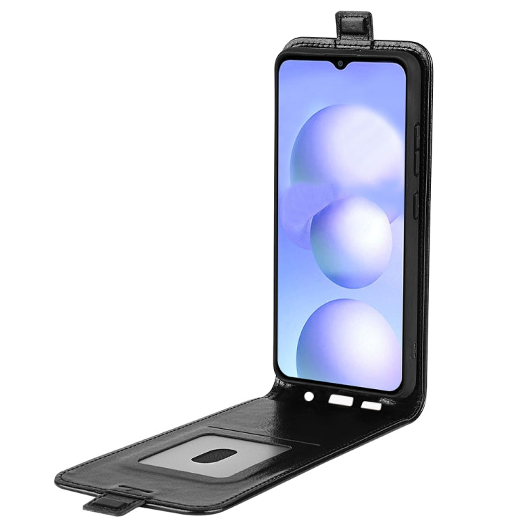 Black vertical flip leather phone case with open cover, screen window, and card slot.