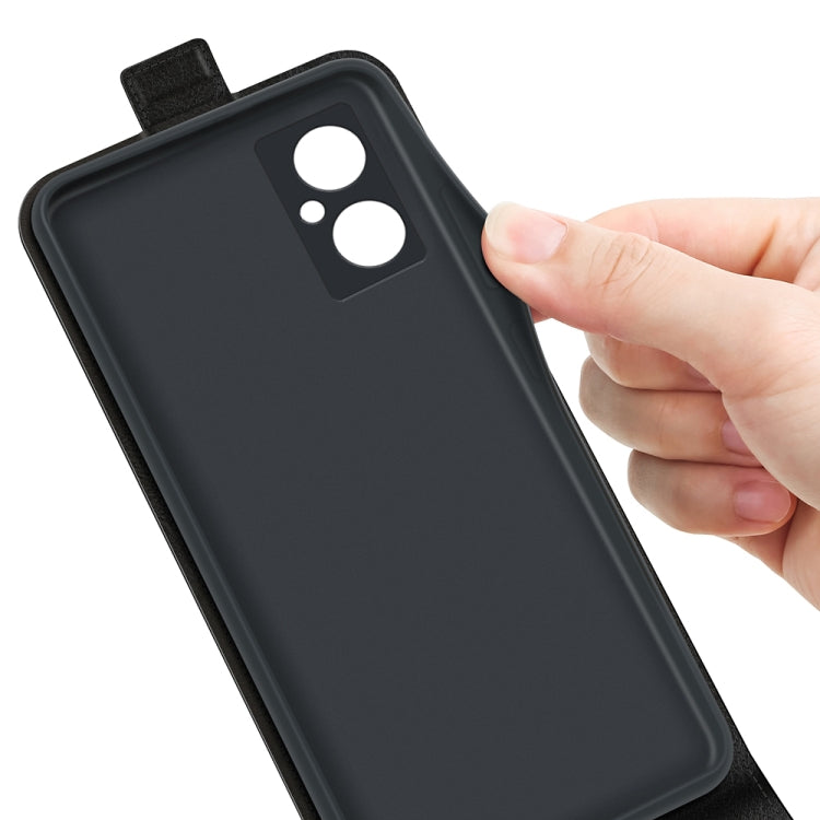 Black vertical flip leather phone case back with camera cutout, held in hand.