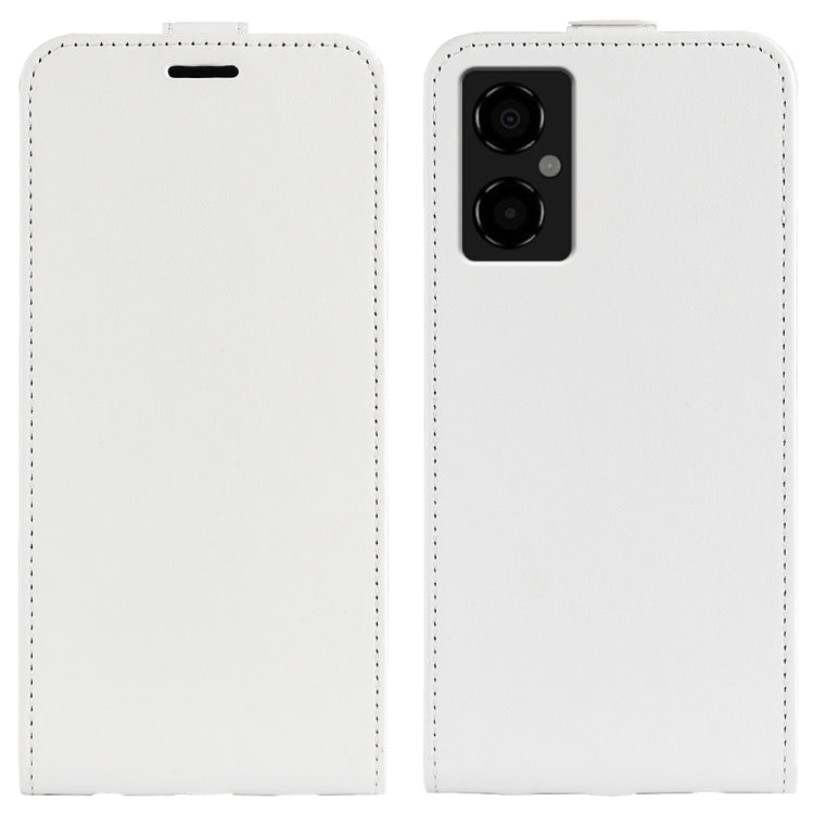 White vertical flip leather phone case with textured finish and camera cutout.
