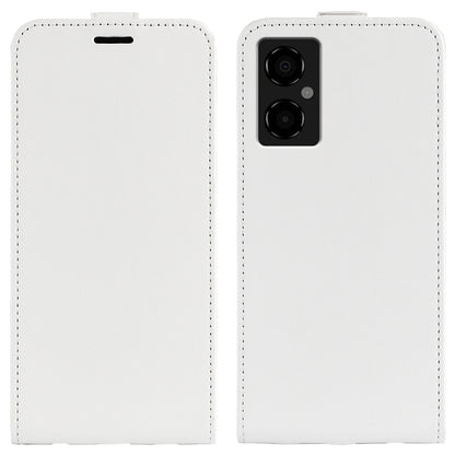 White vertical flip leather phone case with textured finish and camera cutout.