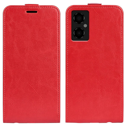 Red vertical flip leather phone case with textured finish and camera cutout.