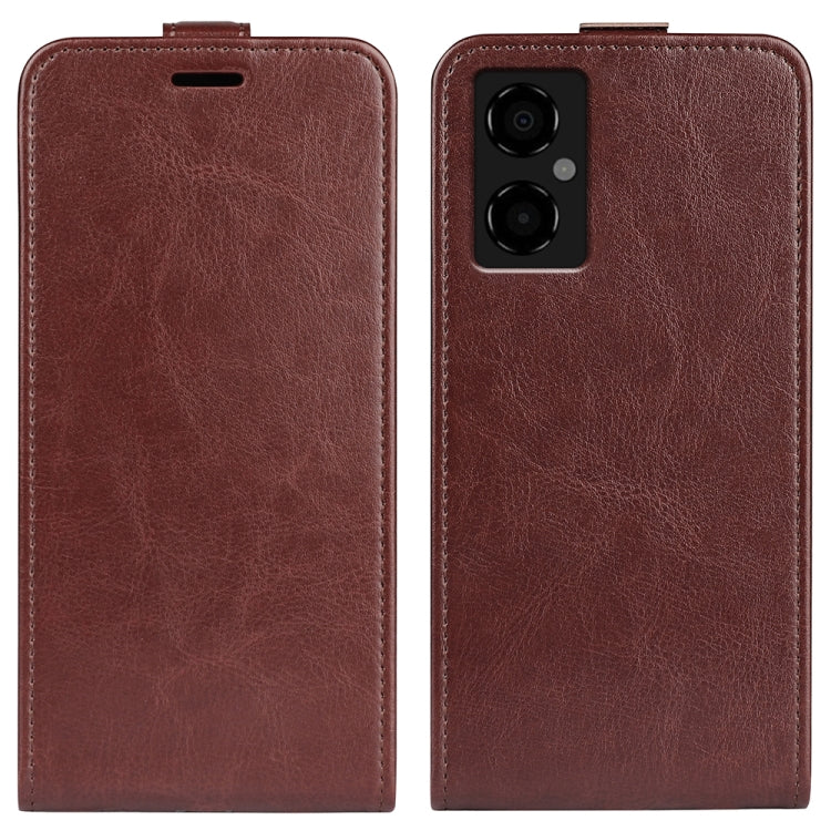 Brown vertical flip leather phone case with textured finish and camera cutout.