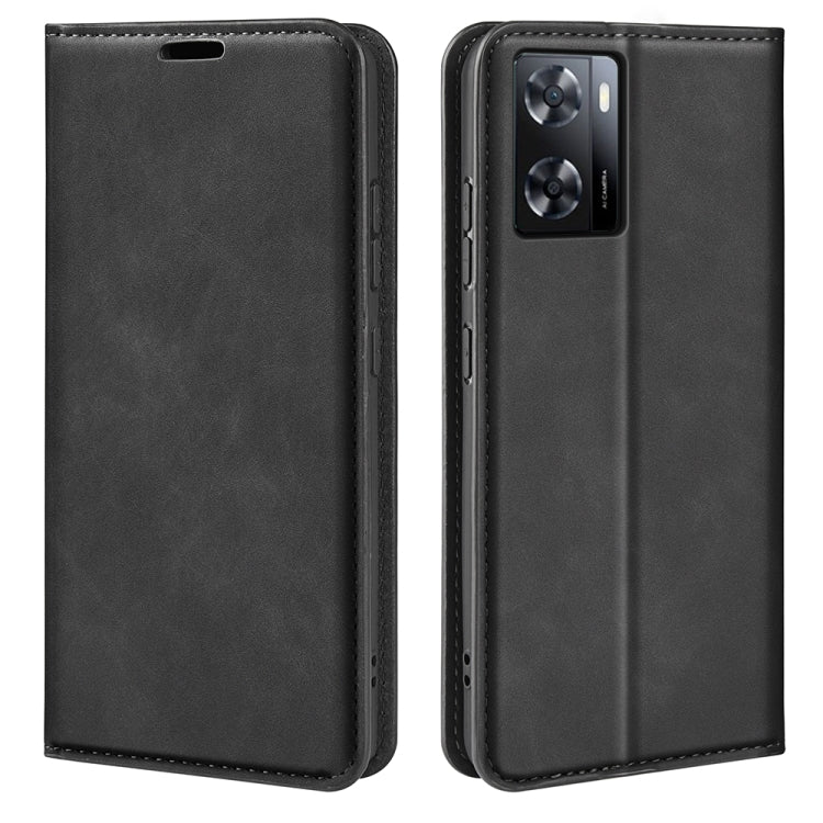 Black leather flip phone case with camera cutout and stitched edges