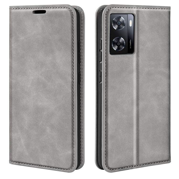Grey leather flip phone case with camera cutout and stitched trim