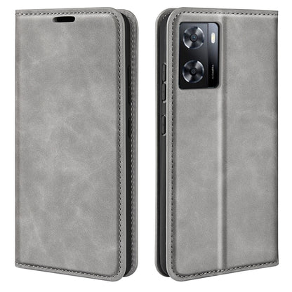 Grey leather flip phone case with camera cutout and stitched trim