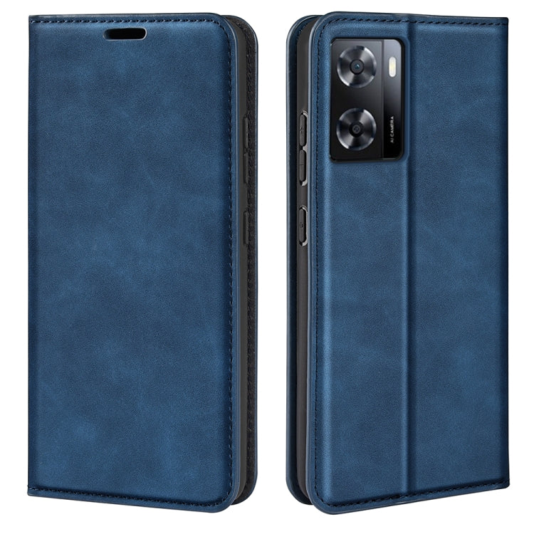 Dark blue leather flip phone case with camera opening and edge stitching