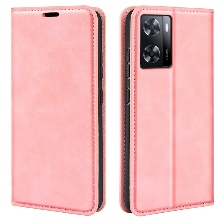 Pink leather flip phone case with camera cutout and contrast stitching