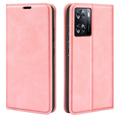 Pink leather flip phone case with camera cutout and contrast stitching