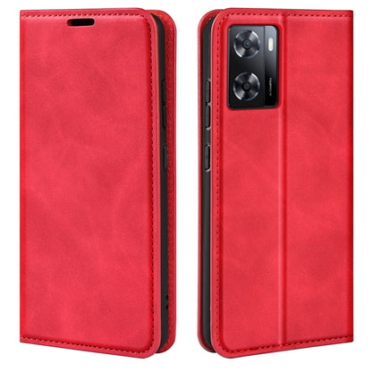 Red leather flip phone case with camera opening and stitched border