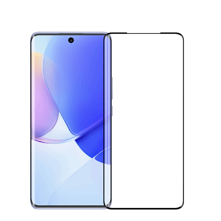 Tempered glass screen protector film with curved edge, paired front view on phone