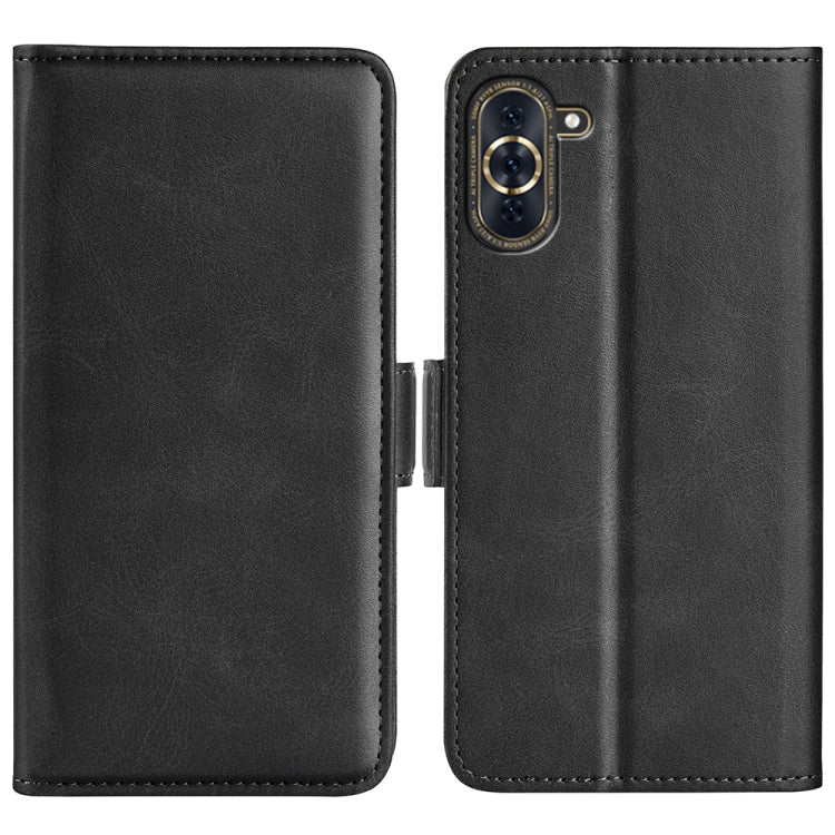 Black leather flip phone case with magnetic buckle, dual-side closure
