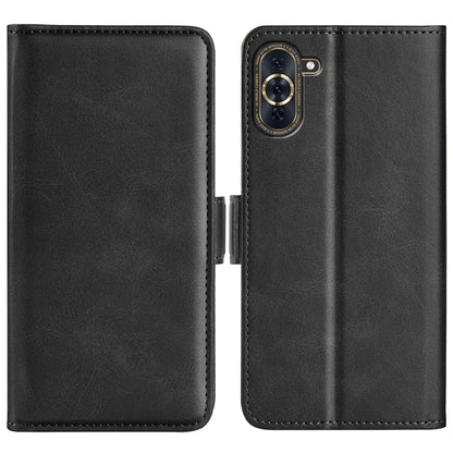 Black leather flip phone case with magnetic buckle, dual-side closure