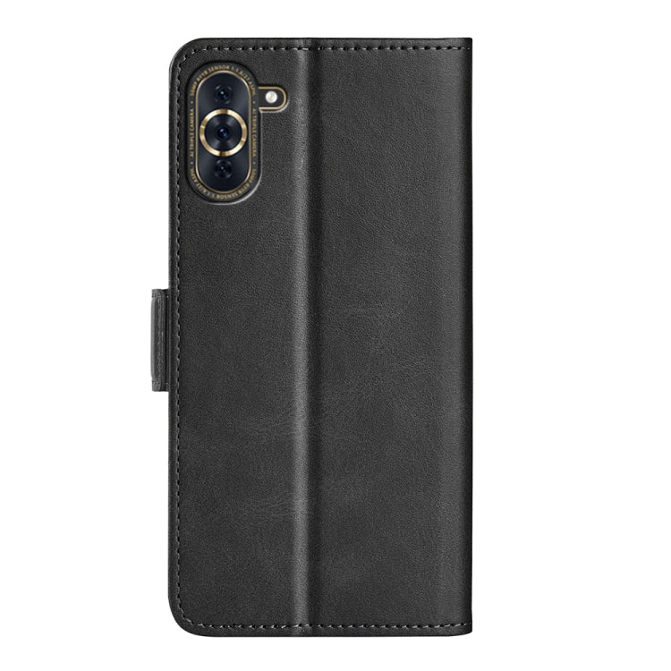 Black leather flip phone case with camera cutout and magnetic buckle