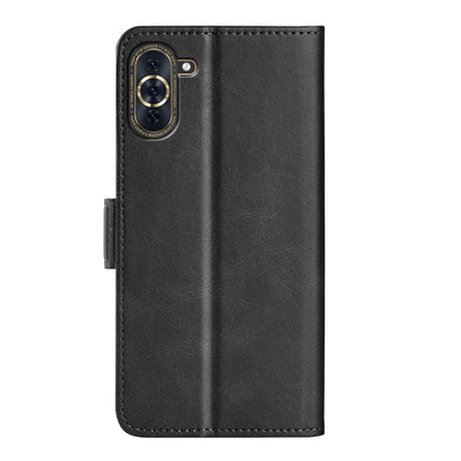 Black leather flip phone case with camera cutout and magnetic buckle