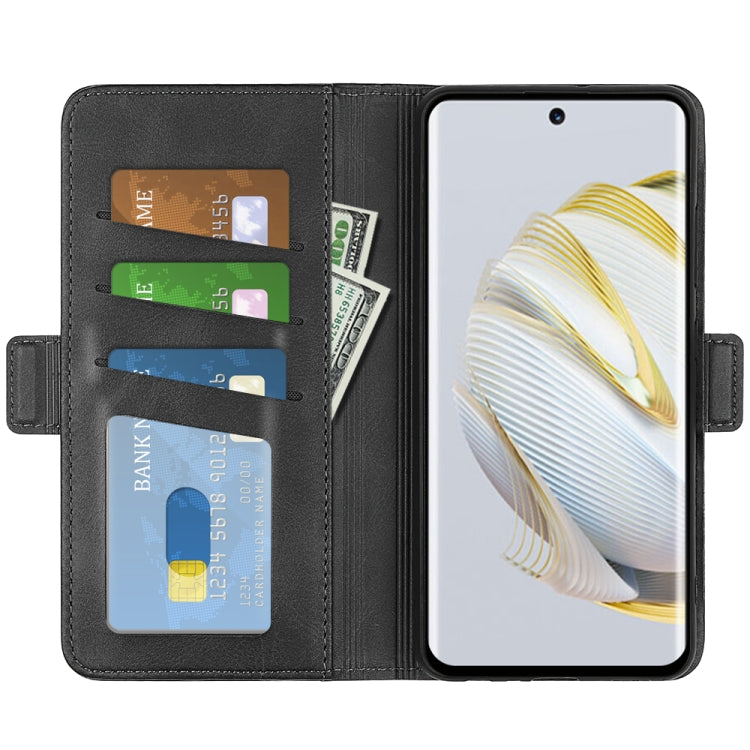 Black leather flip phone case with card slots and magnetic buckle