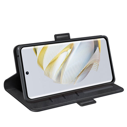 Black leather flip phone case with magnetic buckle and stand view