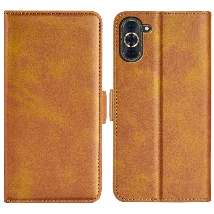 Brown leather flip phone case with magnetic buckle, dual-side closure