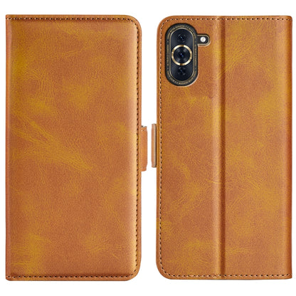 Brown leather flip phone case with magnetic buckle, dual-side closure