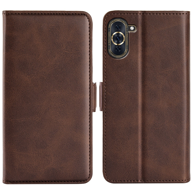 Brown leather wallet-style flip phone case with magnetic buckle