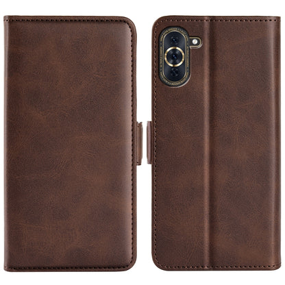Brown leather wallet-style flip phone case with magnetic buckle