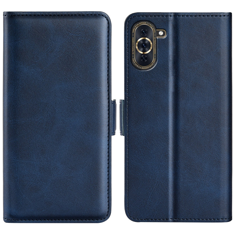 Dark blue leather flip phone case with camera cutout and magnetic buckle