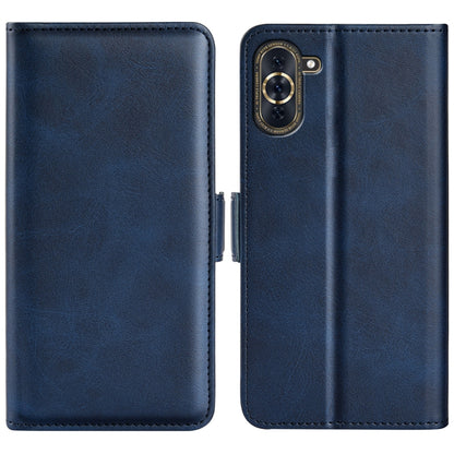 Dark blue leather flip phone case with camera cutout and magnetic buckle