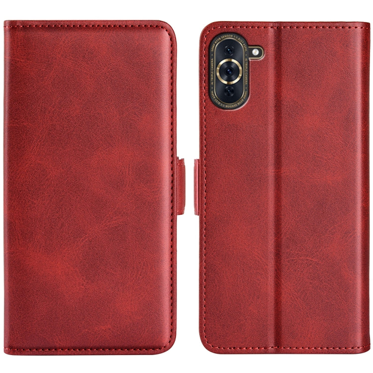 Red leather flip phone case with magnetic buckle and camera cutout
