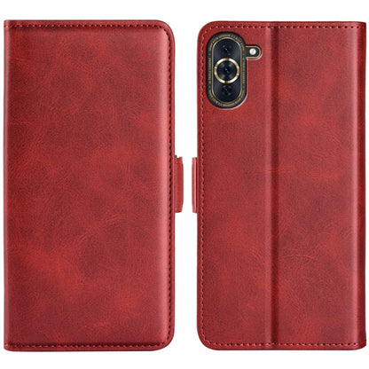 Red leather flip phone case with magnetic buckle and camera cutout