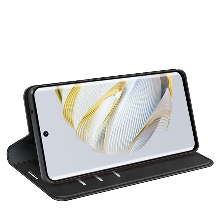 Magnetic suction leather phone case for Huawei Nova 10, black folio stand view