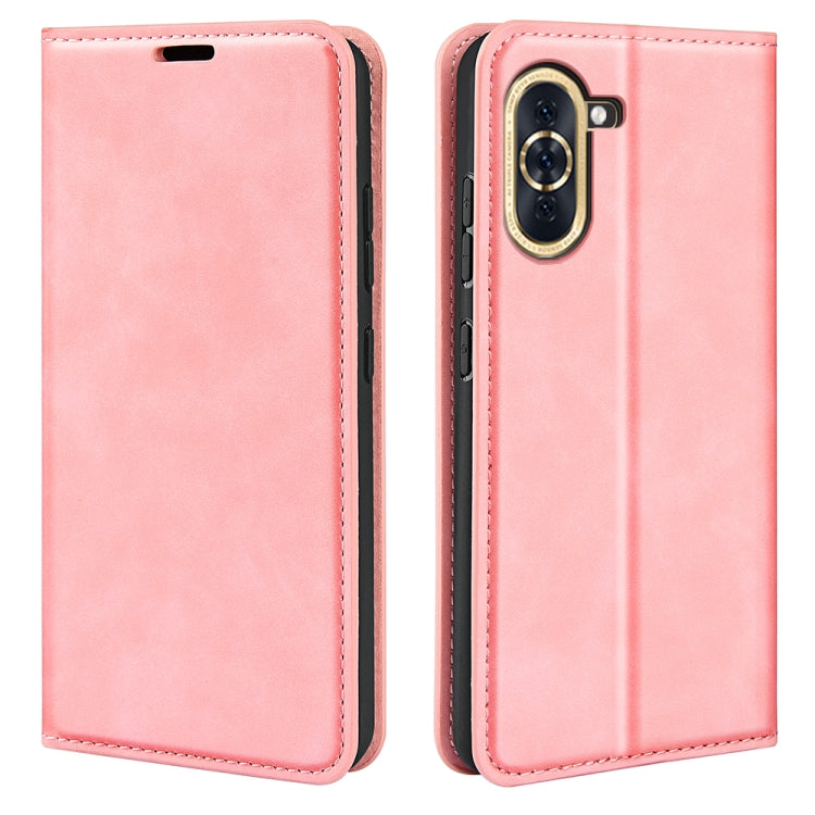 Magnetic suction leather phone case for Huawei Nova 10, pink folio with camera cutout