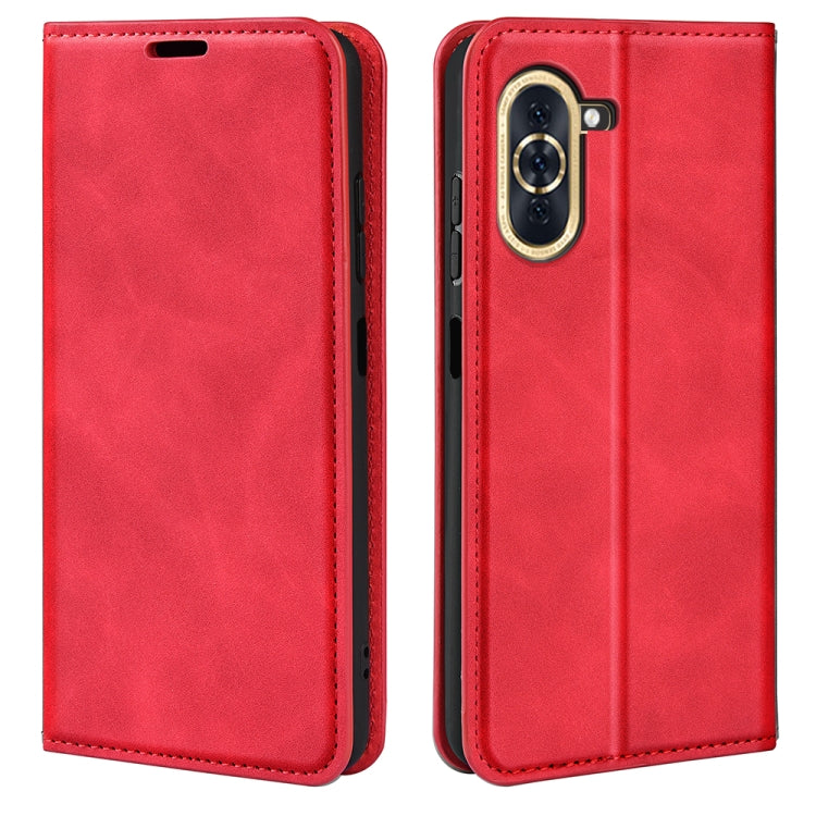 Magnetic suction leather phone case for Huawei Nova 10, red folio with camera cutout