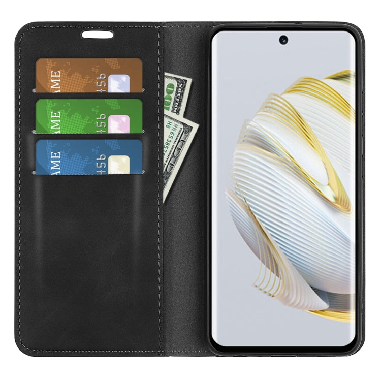 Black magnetic leather wallet phone case open, showing card slots and phone support.