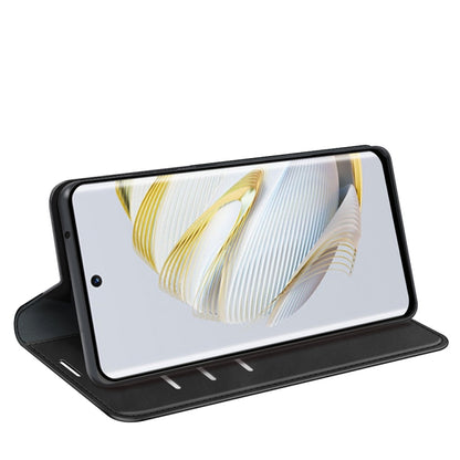 Black leather folio phone case with stand view for landscape viewing.