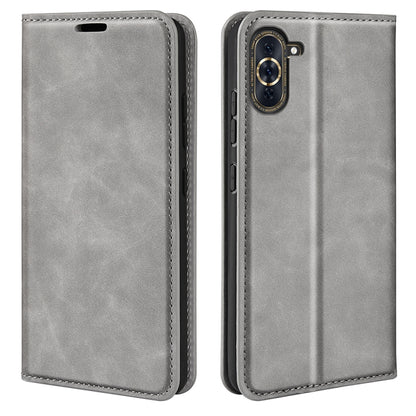 Grey magnetic leather wallet phone case with flip cover and stitched trim.