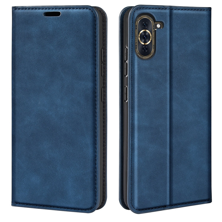 Dark blue magnetic leather wallet phone case with flip cover and camera cutout.