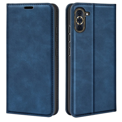 Dark blue magnetic leather wallet phone case with flip cover and camera cutout.